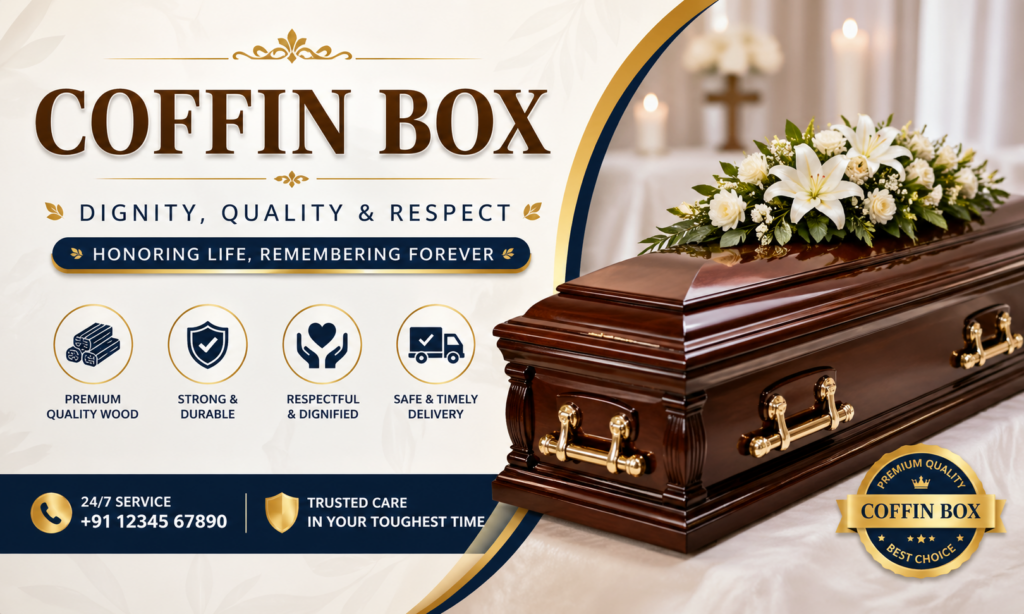 Premium wooden coffin box banner with elegant design, floral arrangement, and message of dignity, quality, and respectful funeral services with 24/7 delivery support.