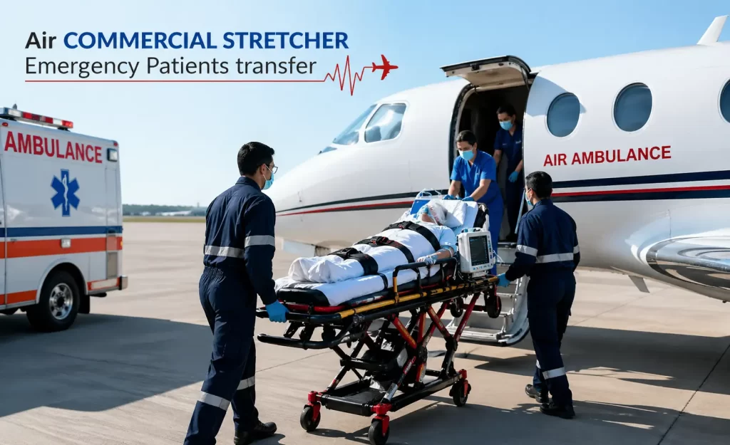 Air commercial stretcher emergency patient transfer with medical team loading patient into air ambulance aircraft