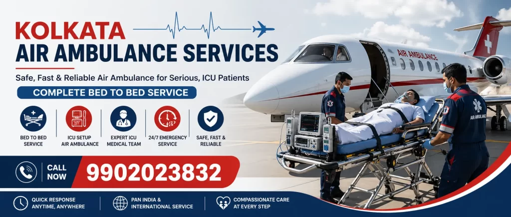 Commercial stretcher air ambulance service with ICU setup, expert medical team providing safe bed-to-bed transfer for serious patients in Kolkata with emergency medical air transport support.