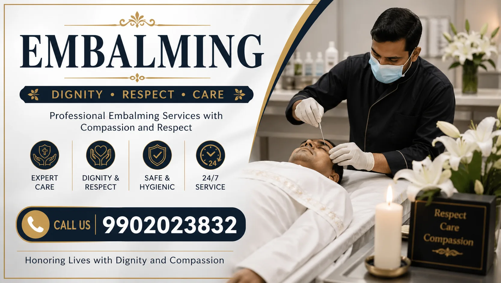 Embalming service banner showing a professional technician performing embalming with dignity and care, featuring 24/7 service highlights and contact number 9902023832.