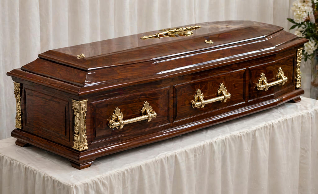 Wooden coffin box with polished finish and decorative handles for funeral services