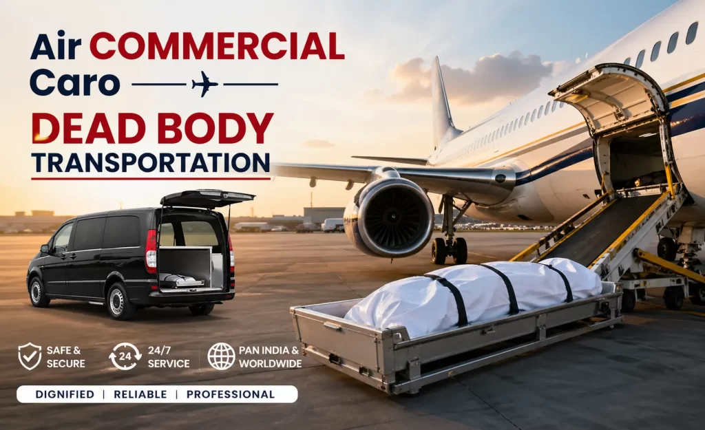 Air commercial cargo dead body transportation service with secure airport transfer ambulance and aircraft loading