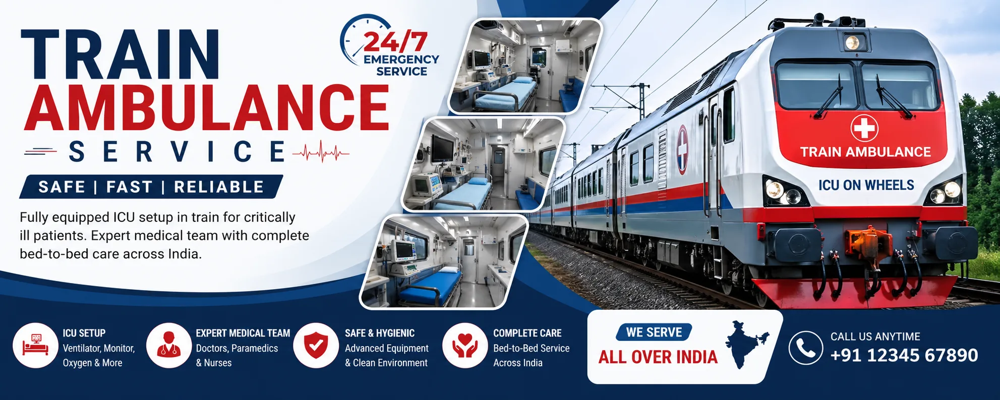 Train ambulance service banner showing ICU-equipped medical coach interiors, emergency 24/7 service, expert medical team, and bed-to-bed patient transfer across India.